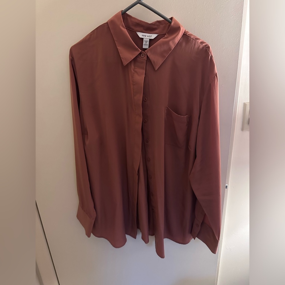 Nine West Plus Terracotta Button-Up Blouse